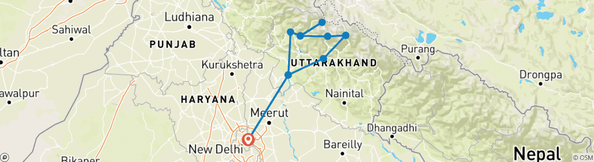 Map of Chardham Yatra Pilgrimage Tour from Delhi