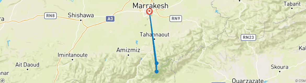 Map of 3 Days High Atlas Trek (Toubkal) with Moroccan Highlights Adventure