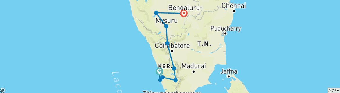 Map of Kerala Backwater Tour with Karnataka