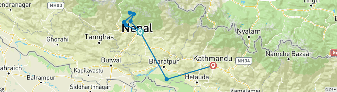 Carte du circuit Trek du camp de base de l'Annapurna avec le parc national de Chitwan - 14 jours