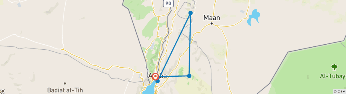 Map of Jordan Red Jewels of the South 4 day 3 night tour (Wadi Rum, Petra and Aqaba) from Eilat Border (ELT-JHT-009)