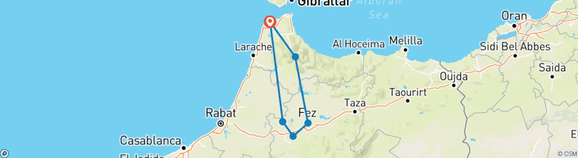 Image of a map showing the route of the tour