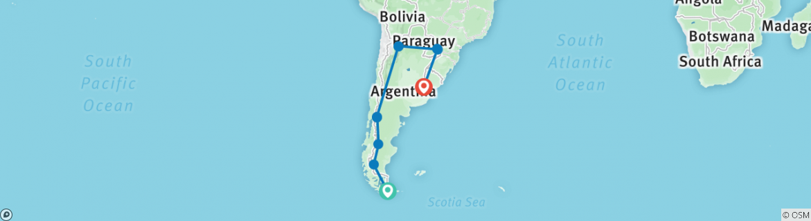 Map of Argentina: Ushuaia, Calafate, Bariloche, Salta, Iguazú & Buenos Aires or Viceversa - 14 days