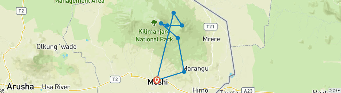 Mapa de Excursión de 7 días al Kilimanjaro - Ruta Rongai