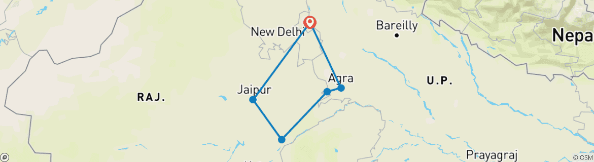 Carte du circuit Circuit du Triangle d'Or avec les tigres de Ranthambore et le Taj Mahal au lever/coucher du soleil 7 jours