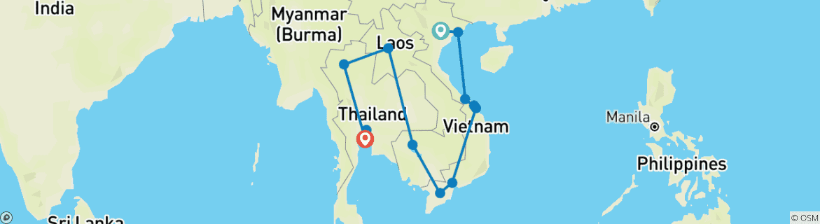 Map of Customized Private Indochina Tour of Vietnam, Cambodia, Laos & Thailand