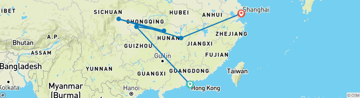 Carte du circuit Les points forts de la Chine méridionale : De Hong Kong à Shanghai
