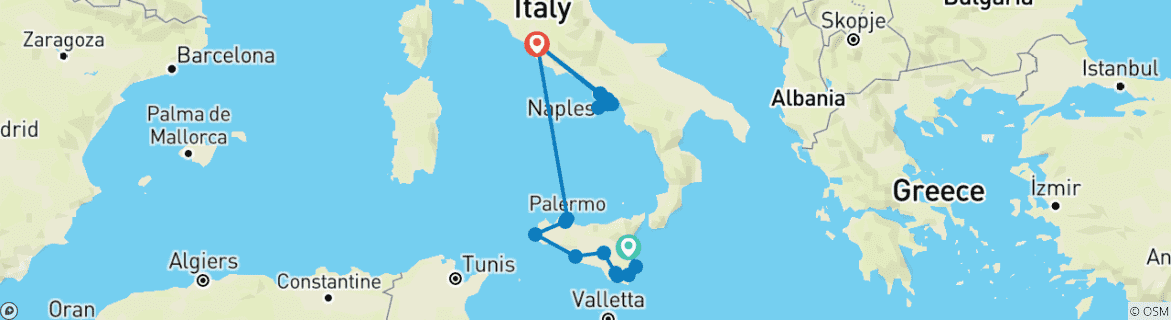 Map of Sicilian Secrets Tour of Sicily & Amalfi Coast with Capri