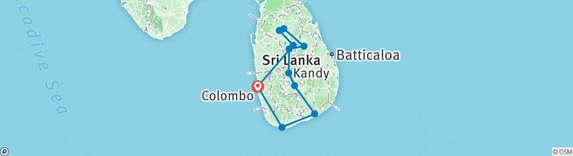 Karte von Sri Lanka Erlebnisreise (Autoreise mit privatem Fahrer, 10 Tage)