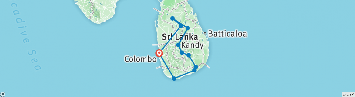 Karte von Sri Lanka Budget-Rundreisen mit privatem Fahrer (8 Tage, 7 Nächte)