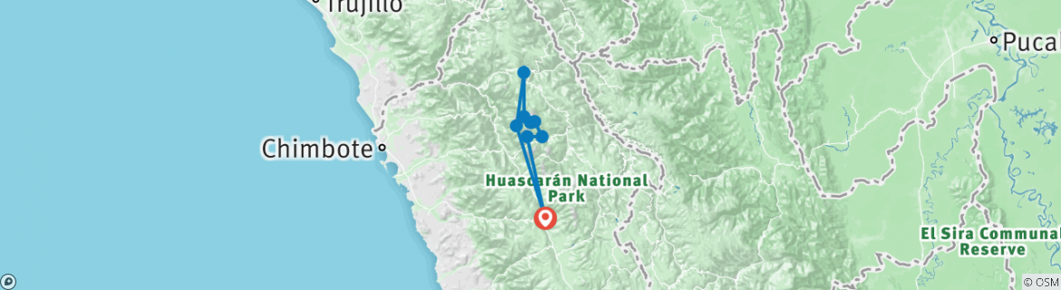 Map of Cordillera Blanca: Santa Cruz Llanganuco Circuit Trek & Mt. Pisco Climb