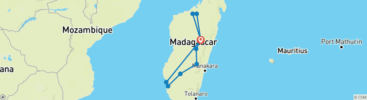 Map of Madagascar Combined Tours in 14 days (Southern and North Western part)