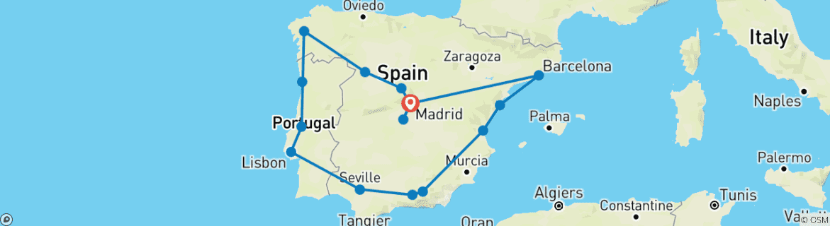 Karte von Die Schätze Spaniens und Portugals (Ende Madrid, 14 Tage)