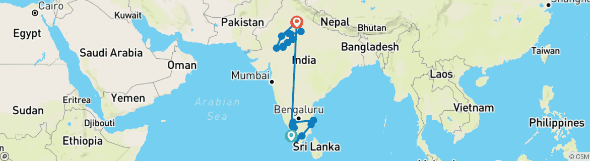 Carte du circuit Inde Sud et Nord (from Kochi (Cochin) to New Delhi)