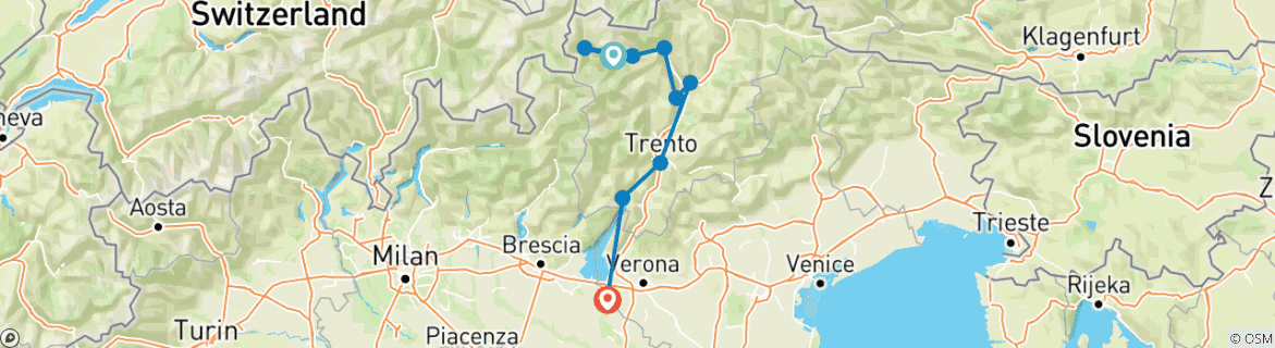 Image of a map showing the route of the tour