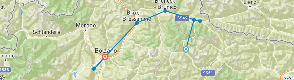 Map of Cycling the Majestic Dolomites - Cortina to Bolzano - Classic Self Guided