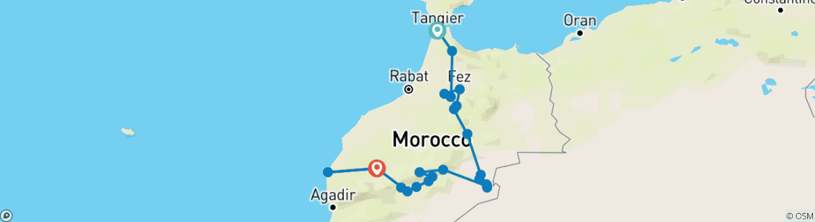 Image of a map showing the route of the tour