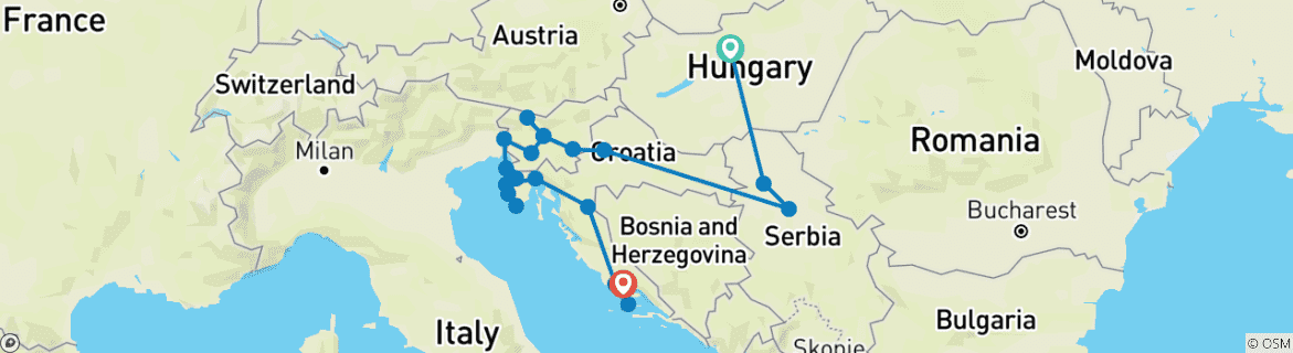 Map of Balkan Extended - Budapest to Split