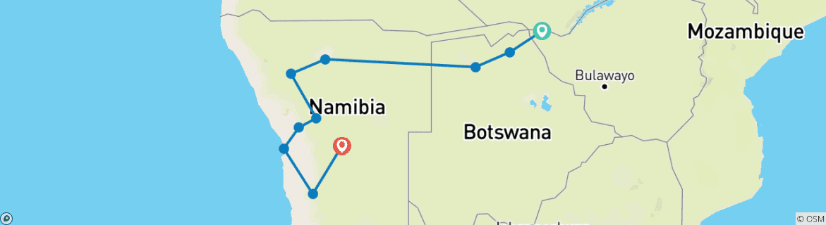 Karte von Wasserfälle, Botswana & Namibia (14 Tage)