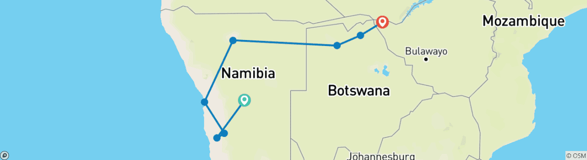 Karte von Namibia, Botswana und die Wasserfälle (14 Tage)