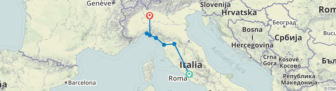 Kaart van Ontdek Italië - eindpunt Milaan