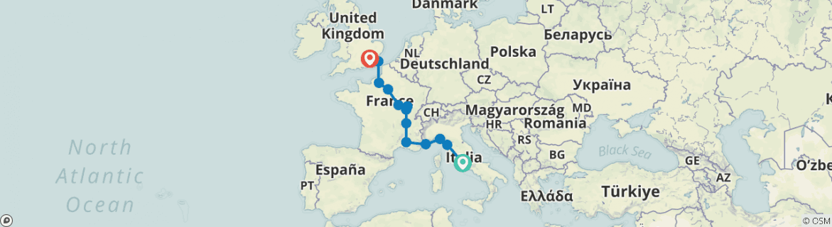 Map of From Italy to France with London (13 destinations)