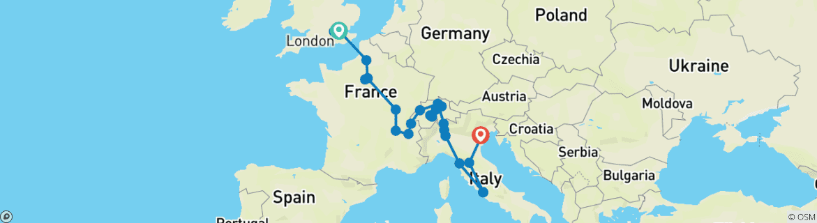 Image of a map showing the route of the tour