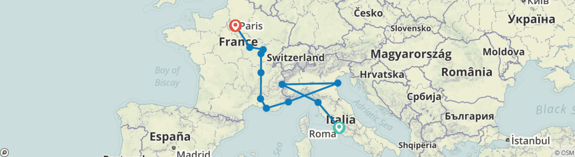 Map of From Italy to France end Paris (10 destinations)