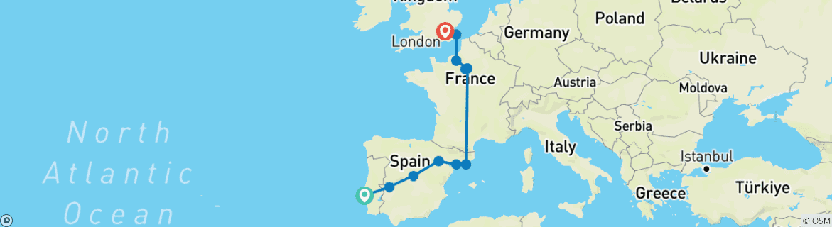 Image of a map showing the route of the tour