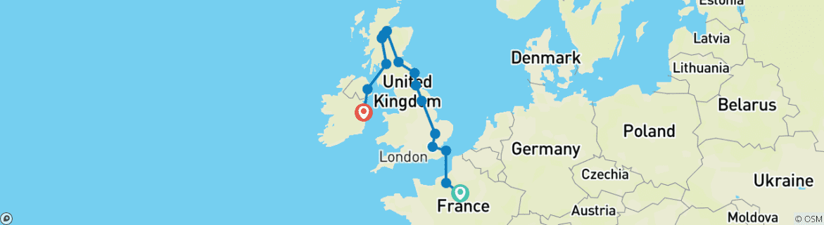 Image of a map showing the route of the tour