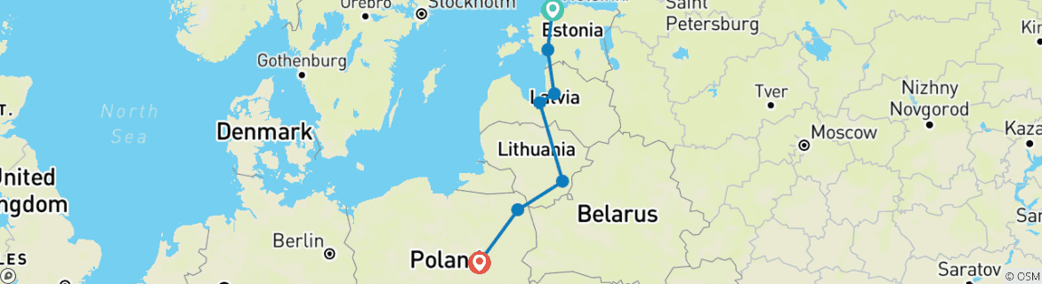 Map of Stunning Baltics End Warsaw (7 destinations)