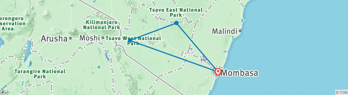 Mapa de Tsavo este y Tsavo oeste: safari de 3 días desde Mombasa