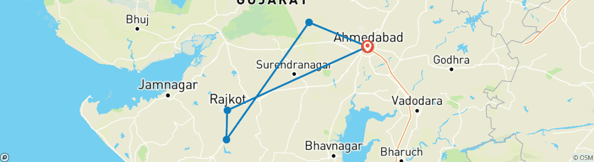 Image of a map showing the route of the tour