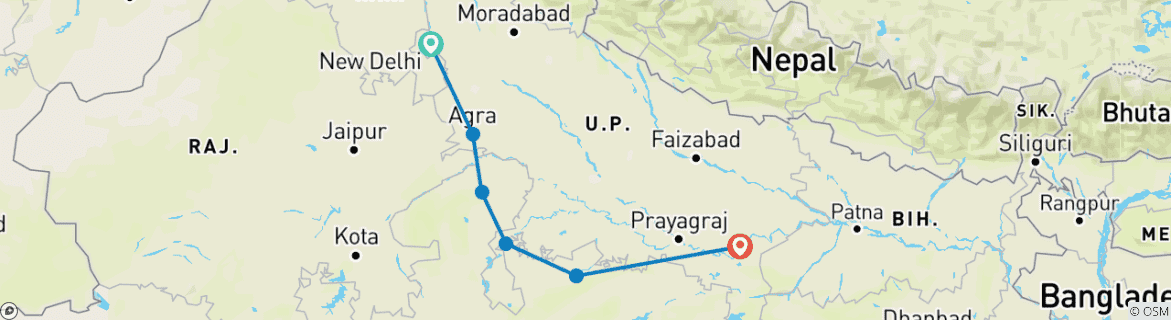 Map of 10-Day  Memorable Taj Mahal and Khajuraho Tour: Agra, Gwalior, Datia and Orchha (from New Delhi to Varanasi)