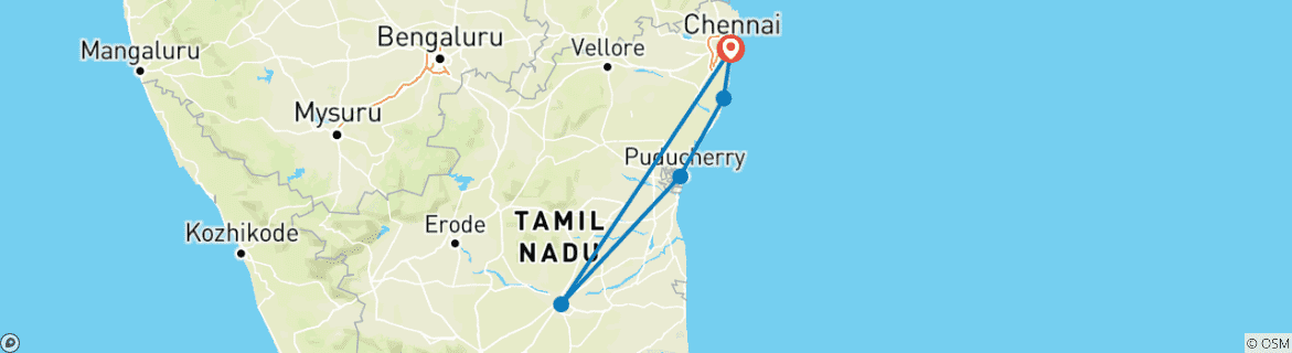 Map of South India Tour Package with Chennai, Kanchipuram, Mahabalipuram, Pondicherry, Thanjavur, Trichy  including meals