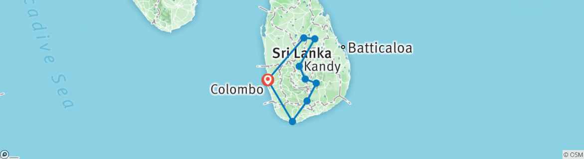 Mapa de Sri Lanka circuito clásico - 7 días 6 noches con conductor privado, vehículo y alojamiento H/B