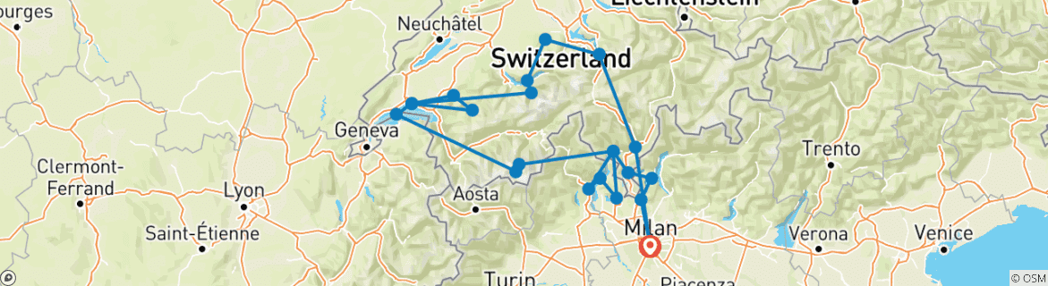 Kaart van 6-daagse Italiaanse Meren & Zwitserse Alpen Verkenningstocht in kleine groep vanuit Milaan