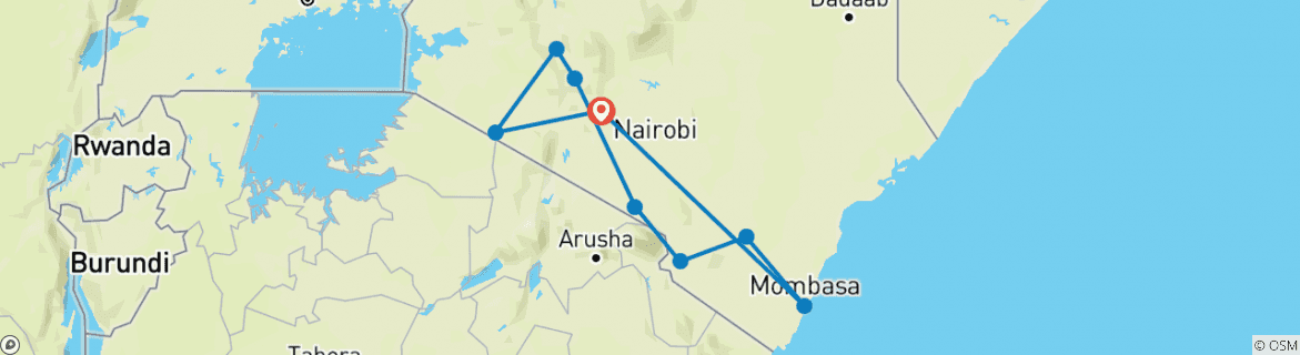 Carte du circuit 14 jours de safari au Kenya pour une lune de miel romantique