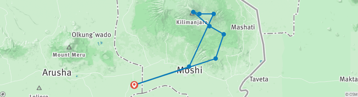 Kaart van 7 Dagen beklimming van de Kilimanjaro via de Rongai-route