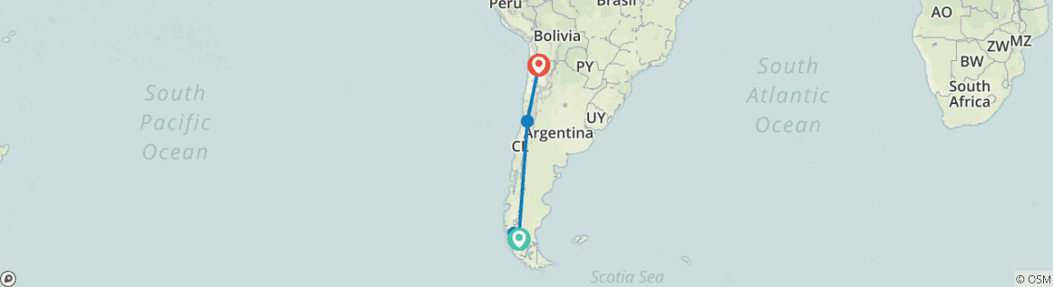 Carte du circuit Les hauts lieux du Chili Puerto Natales Torres Del Paine Santiago Atacama