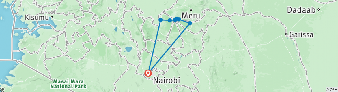Carte du circuit 5 jours d'ascension du Mont Kenya par la voie Chogoria