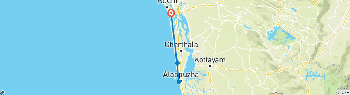 Map of Cochin to Alleppey & Marari Beach Getaway