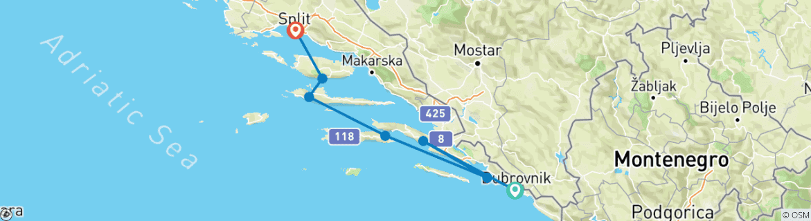 Map of Croatia Mini One Way Cruise Dubrovnik - Split