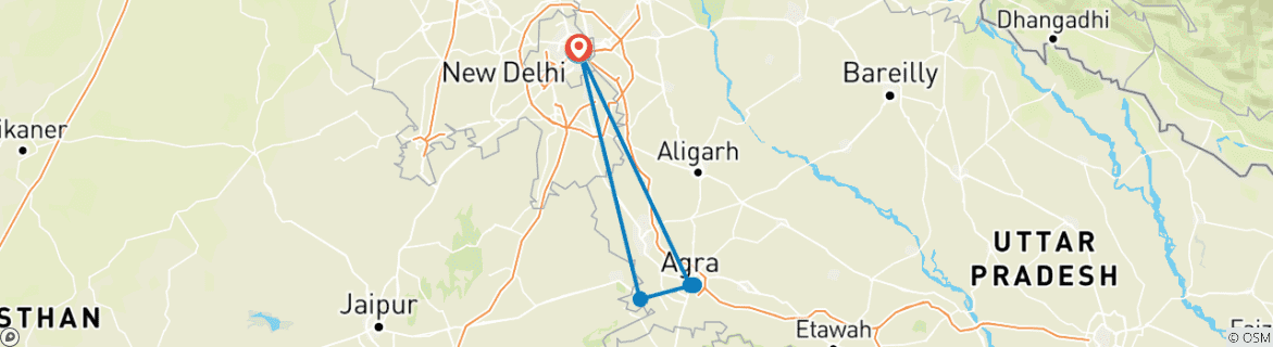 Map of Taj Mahal Overnight Tour From Delhi By Car