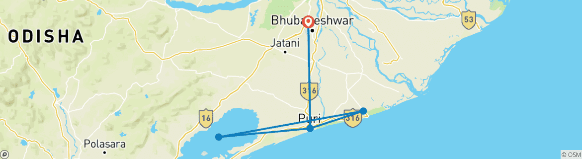 Map of Bhubaneswar, Puri, Konark Triangle Tour