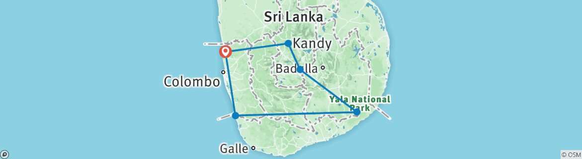 Map of 6 Days Sri Lankan Honeymoon Tour