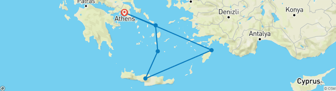 Map of 13 Day Island Tour in Mykonos, Santorini, Crete & Rhodes