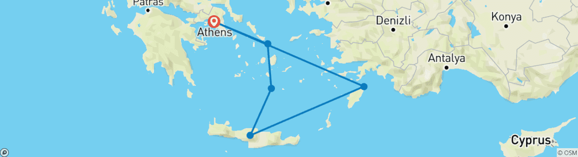 Carte du circuit 13 jours d'excursion à Mykonos, Santorin, Crète et Rhodes
