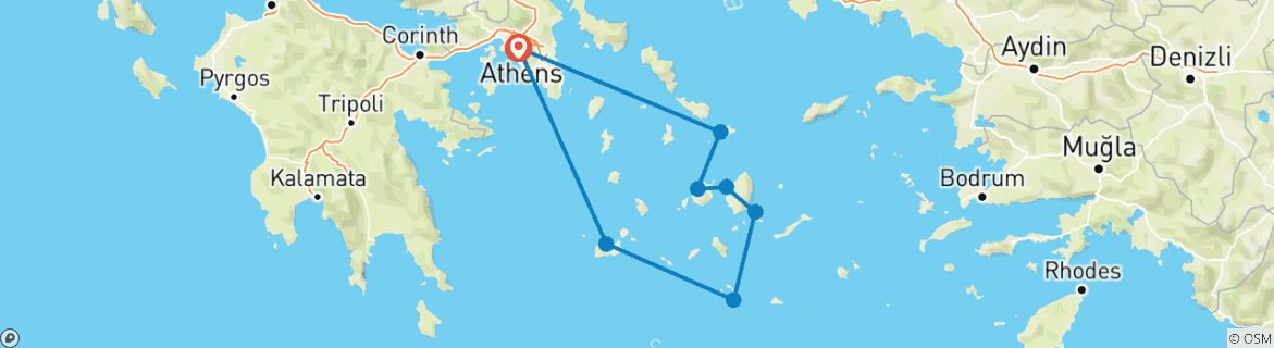 Map of 16-Day Island Hopping Tour: Milos, Santorini, Koufonisia, Naxos, Paros, Mykonos