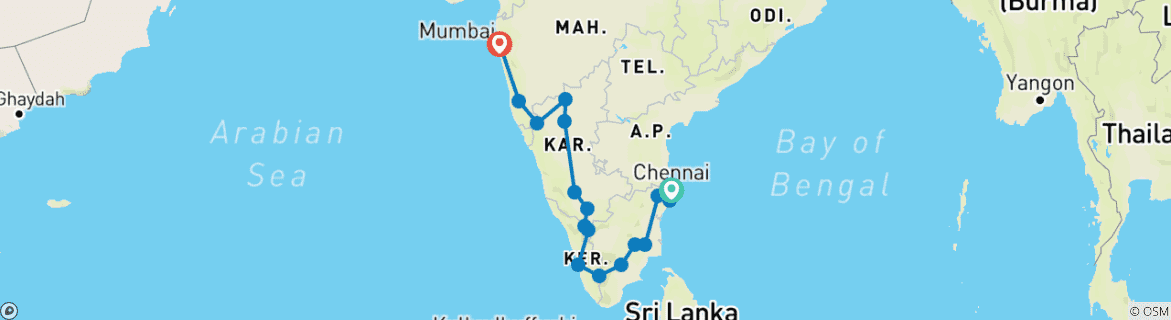 Map of South India Tour With Periya National park & Goa & Mudumalai  Wildlife Safari